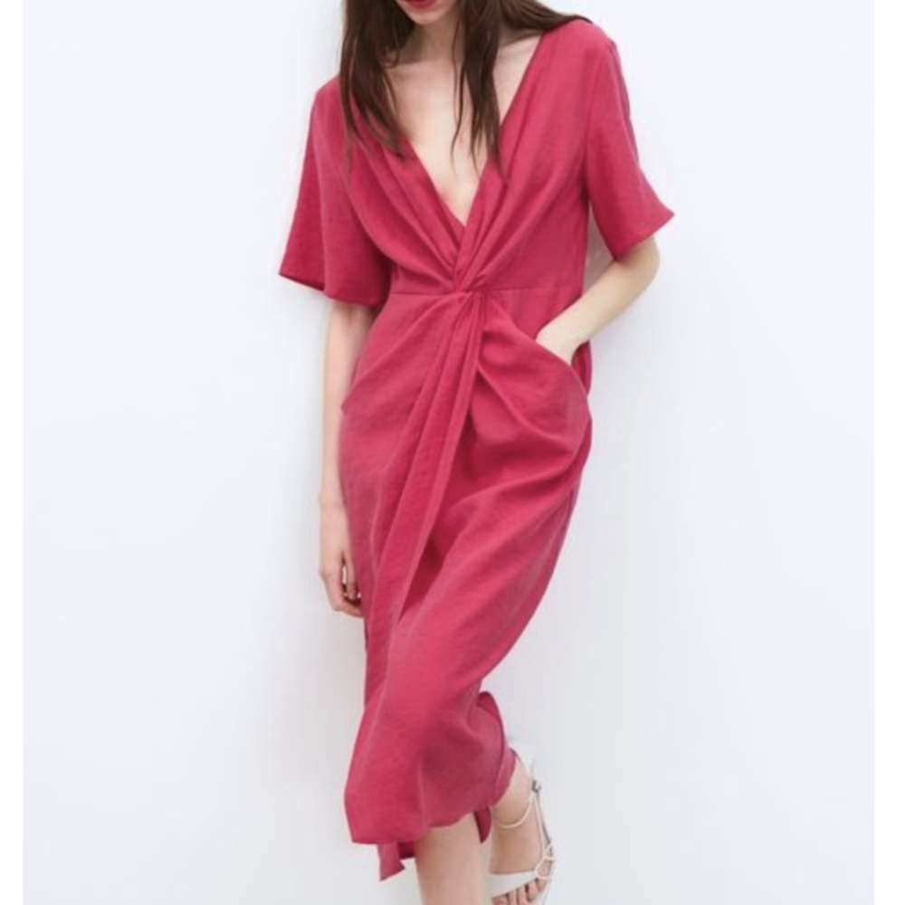NWT Zara Midi Dress Sarong Style Twist Front Plunging Neckline Pockets Beachy L